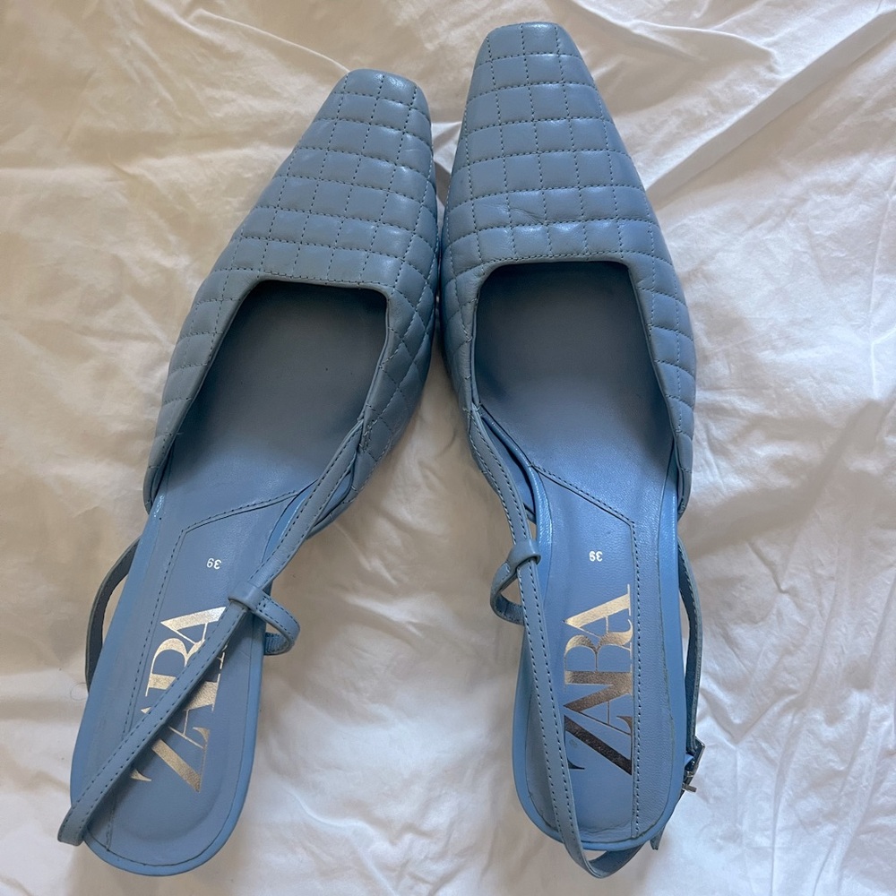 Zara Quilted Slingback Flats in Light Blue